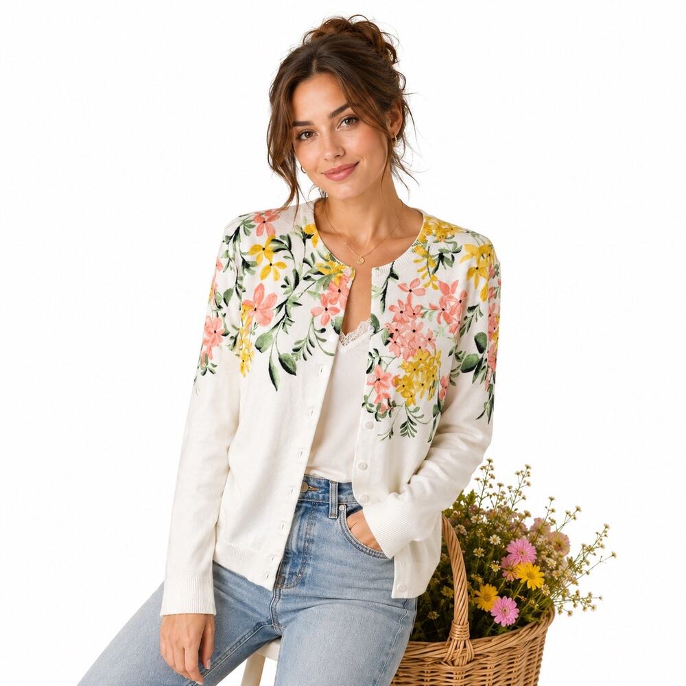 Vintage Karen Scott Petite PL Cottagecore Floral Button Up Cardigan Sweater